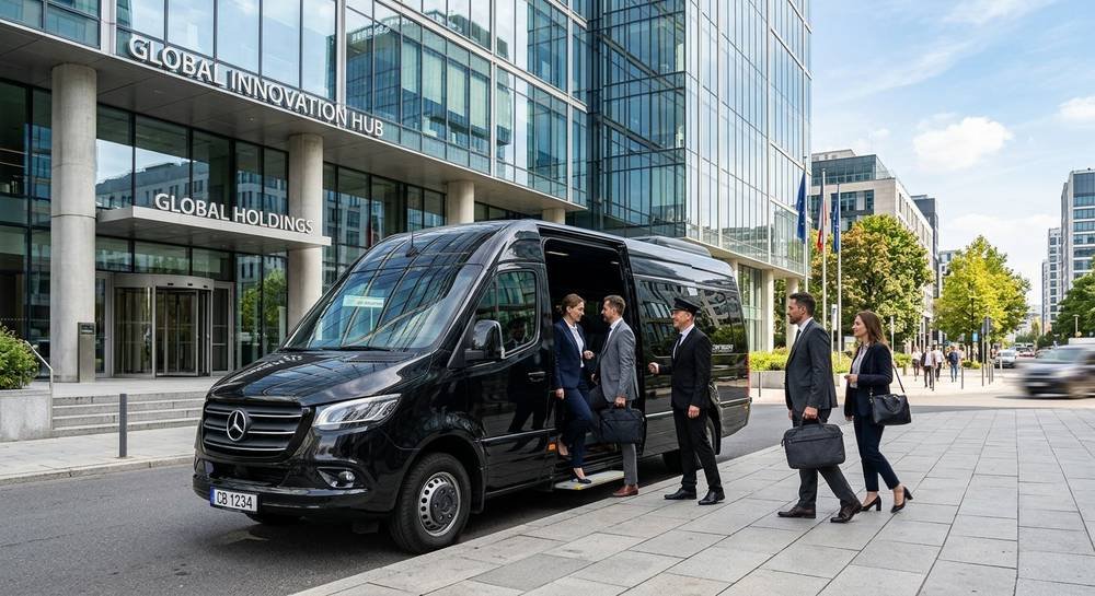 Mercedes Sprinter corporate transportation at office building