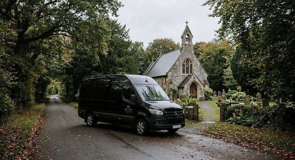 Mercedes Sprinter funeral transportation near chapel
