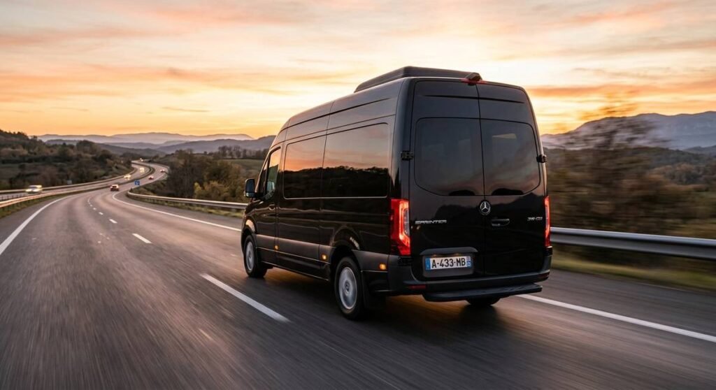 Mercedes Sprinter on highway at sunset long distance charter