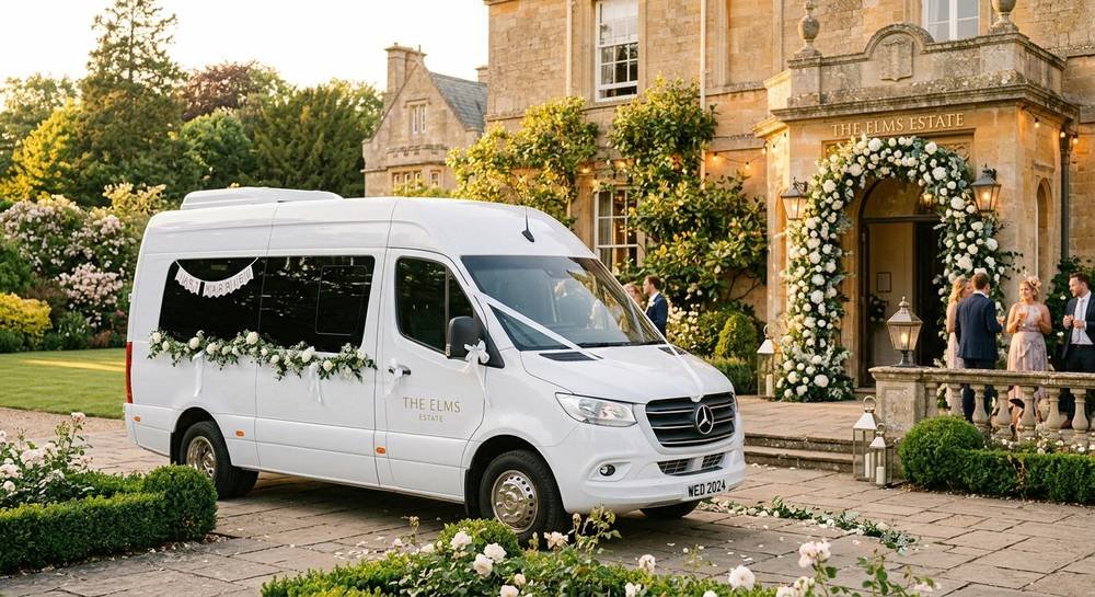 Mercedes Sprinter wedding transportation at venue